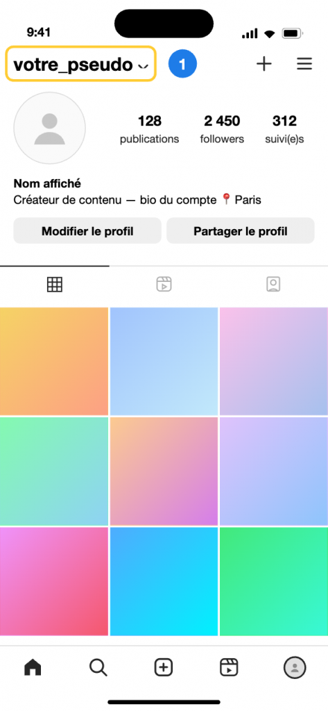 Profil Instagram sur iPhone : le nom d'utilisateur s'affiche en haut de l'écran