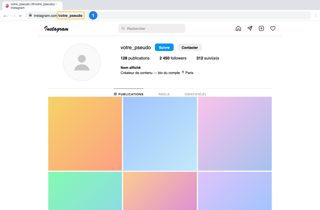 Profil Instagram dans un navigateur : le nom d'utilisateur apparaît dans la barre d'adresse après instagram.com/